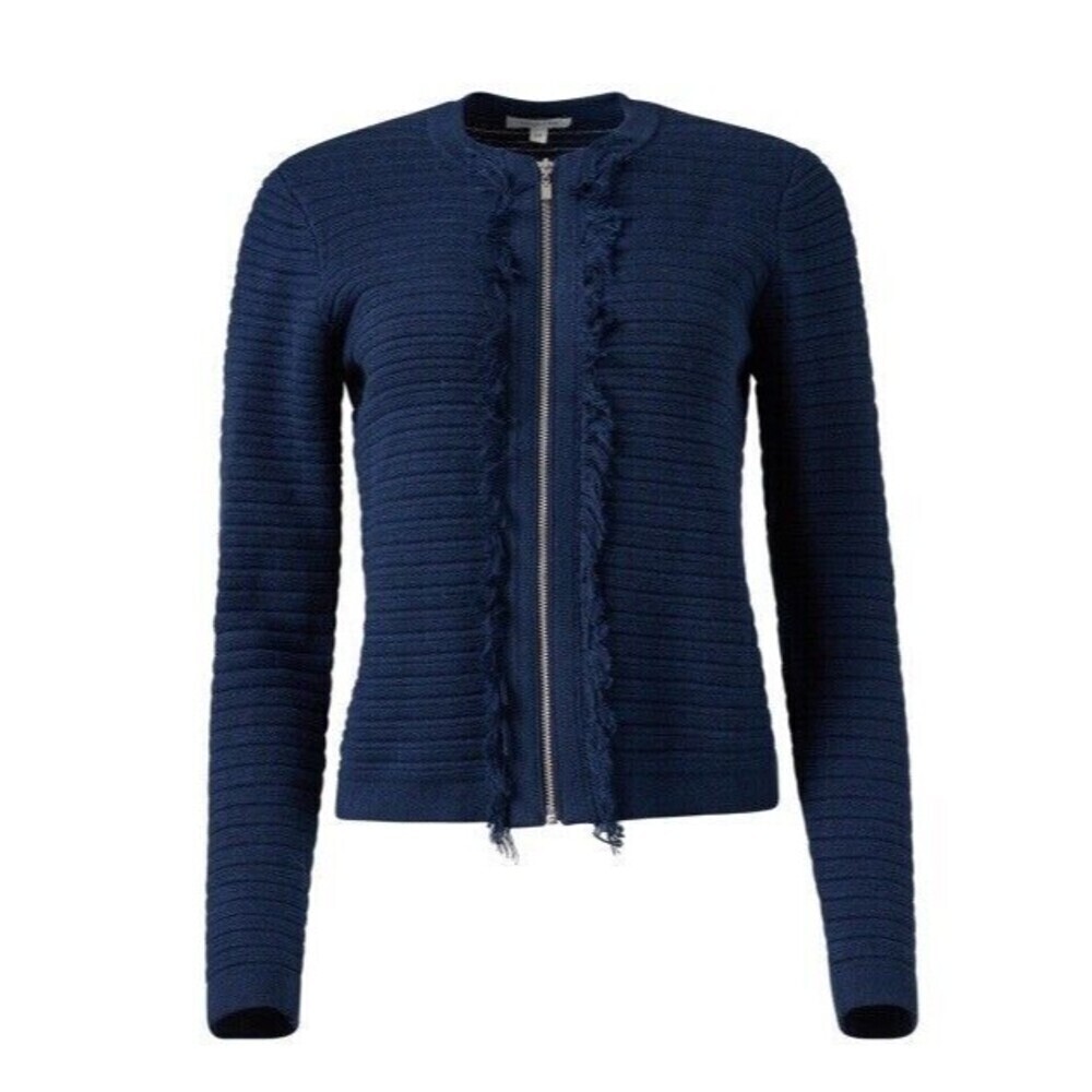 KINROSS Navy Cotton Fringe Zip Cardigan Size Medium NWT